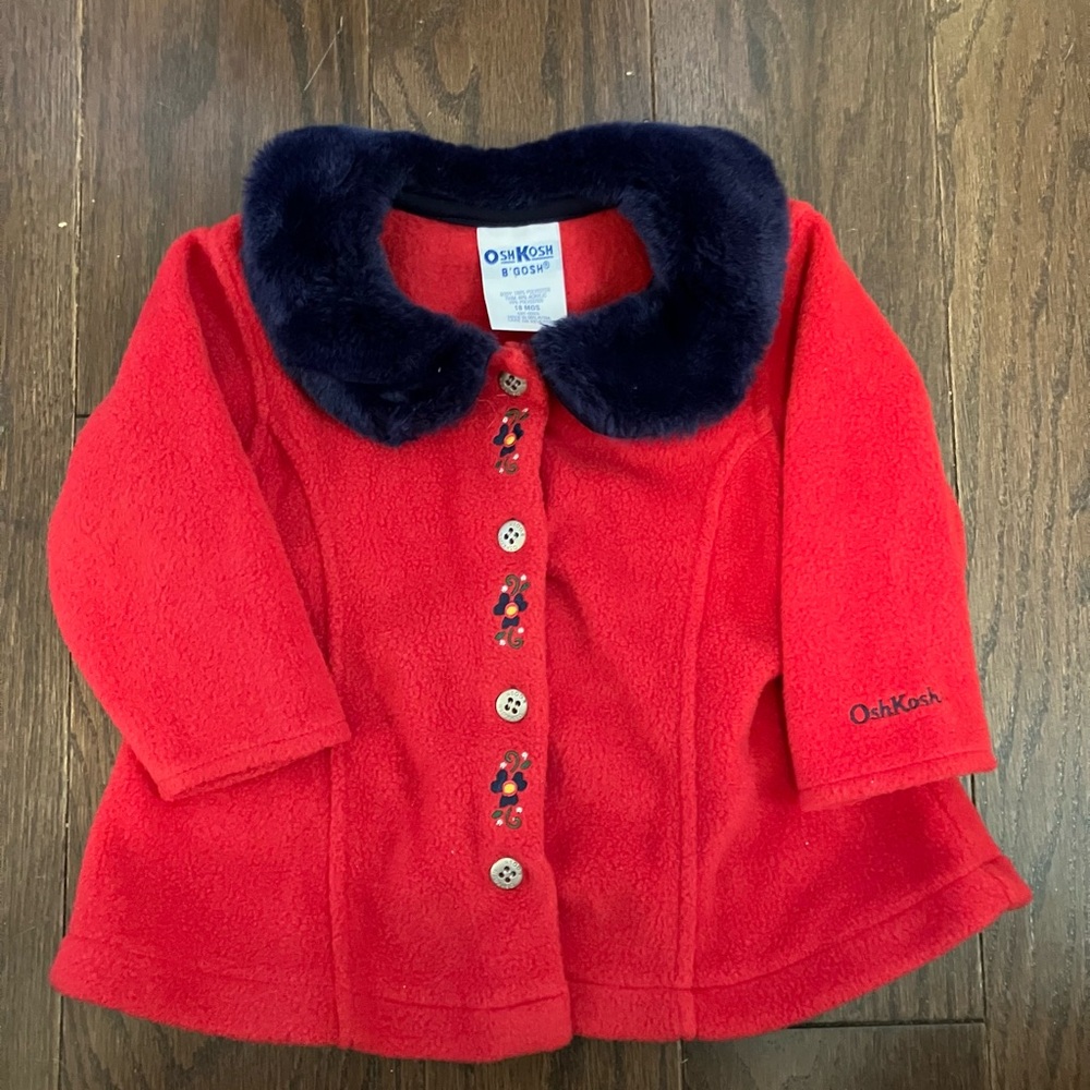 Vintage 2000s OshKosh B'gosh Red Fleece Coat with Navy Fur Collar